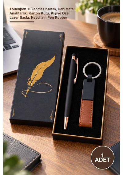 1 Adet Kutulu Kalem Ve Anahtarlık Seti Touchpen Tükenmez Kalem, Deri Metal Anahtarlık, Karton Kutu, Kişiye Özel Lazer Baskı, Keychain Pen Rubber