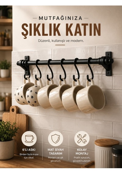 Siyah Metal 6 Kancalı Duvar Askılığı – Vidalı Mutfak & Banyo Askı Borusu, Dayanıklı Ferforje Tasarım