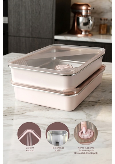 2'li Stainless Paslanmaz Çelik Vakumlu Saklama Kabı,fırın Ve Kek Kabı 3 Lt Yemek Kabı Sefer Tası Pembe