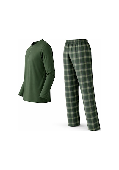 Mutlu City Erkek Mevsimlik Uzun Kollu 3 Düğmeli Ekose Alt Pijama Takımı 16652 Haki