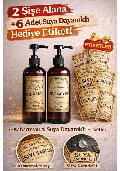 Pompalı Plastik Şişe Ve Banyo Temalı Etiket Seti Amber