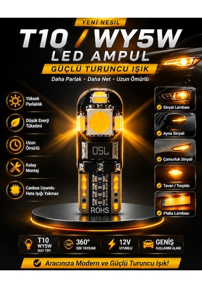 T10 Wy5w Turuncu Amber Led Ampul 12v Canbus Park Plaka Sinyal Ayna Çamurluk Lambası 360 Işık 1 Adet