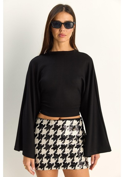 Shade Kadın Belden Oturtmalı Drapeli Geniş Kol Crop Bluz 1093 60286119 - Siyah