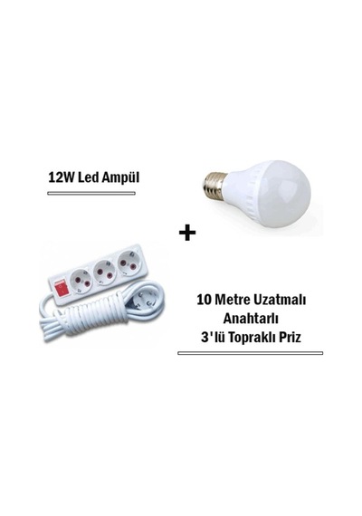 12w Led Ampul + 10 Metre Uzatmalı Anahtarlı 3lü Priz Set- Diğer