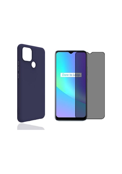 Oppo Realme C25 Yumuşak Soft Silikon Telefon Kılıfı Ve Privacy Hayalet Tam Kaplar Cam Ekran Koruyucu Col181918-lacivert