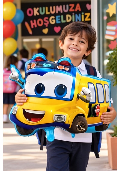 Folyo Balon Sevimli Okul Otobüsü 56x48 Cm Okula Dönüş İlk Okul Günü Dekorasyon Balonu Diğer