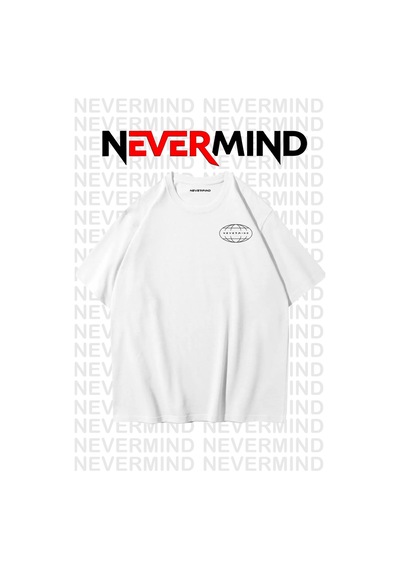 Nevermind Oversize Unisex Tişört Grafik Baskılı, Rahat Kalıp Beyaz