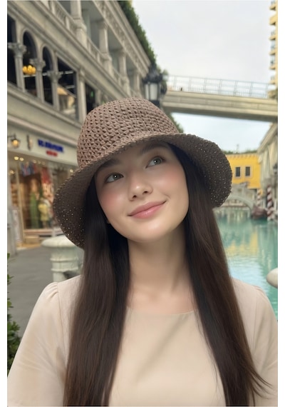 Mollycrush Kadın Kahverengi Hasır Örgü Bucket Bohem Stil Plaj Ve Güneş Şapkası Kahverengi