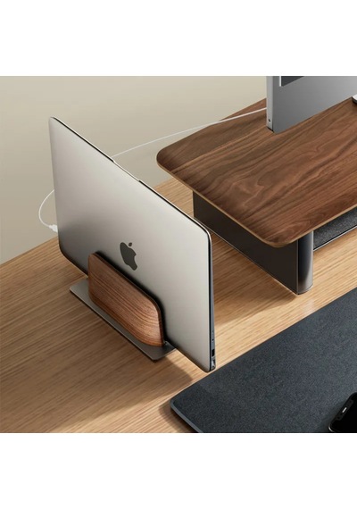 Mcstorey Ahşap Dikey Laptop Standı Çift Yuvalı 2 Cihazlık Macbook Notebook Tutucu Masaüstü Organizer Kaymaz Tabanlı Ahşap Metal Stand
