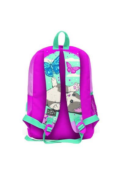Coral High Kids Su Yeşili Pembe Kedi Desenli Dört Bölmeli USB Şarjlı Kulaklık Çıkışlı Okul Sırt Çantası 23807