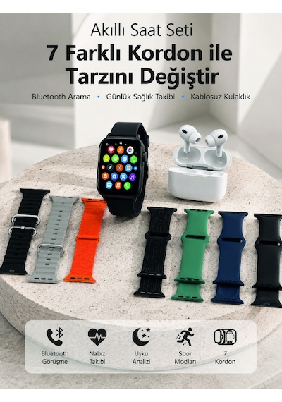 Bluetooth Görüşme Destekli Akıllı Saat Seti Kablosuz Kulaklık, 7 Kordon Ve Çoklu Spor Modu - Lisinya