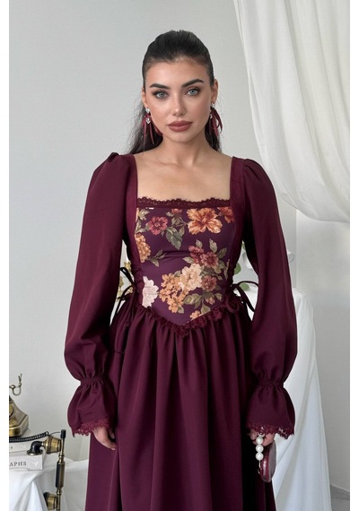 Nils Boutique Vintage Korsajlı Midi Elbise Bordo