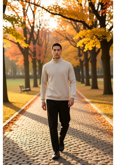 Benerly Erkek Dik Yaka Fermuarlı Standart Kol Regular Kalıp Sweatshirt Fo Taş