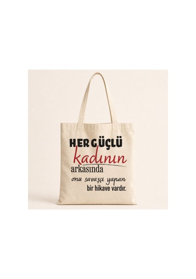 Mor Mürekkep Her Güçlü Kadının Arkasında Baskılı Bez Çanta Omuz Çantası Ekru