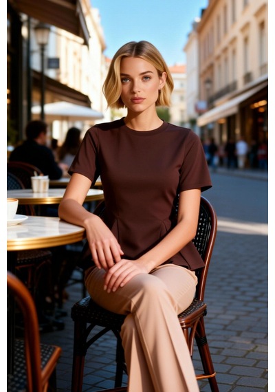 Benerly Kadın Bluz Peplum Bisiklet Yaka Standart Kısa Kol Örme Kumaş Süpr Kahverengi
