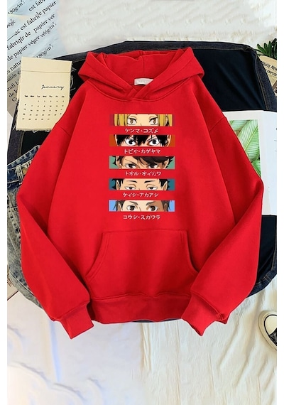Uyguntarz Unisex Cosplay Haikyuu Baskılı Sweatshirt Kırmızı