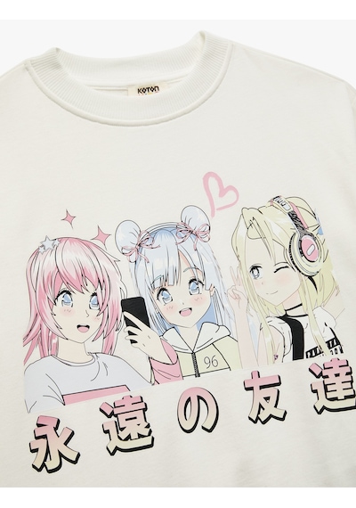 Koton Pamuklu Bisiklet Yaka Uzun Kollu Anime Baskılı Tişört Ekru 7wkg10059ak
