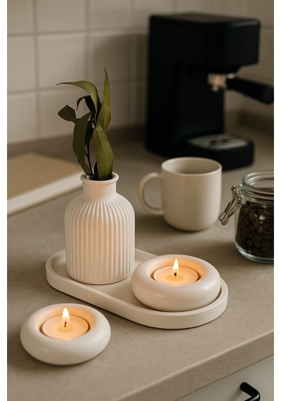 Seramik Vazo, Tealight Mumluk Ve Dekoratif Tepsi Seti - Beyaz Minimal Tasarım 62477345