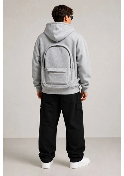 Barlashive Erkek 3 İplik Şardonlu Tam Fermuarlı Kapüşonlu Arka Çanta Detaylı Sweatshirt - Gri Çok Renkli