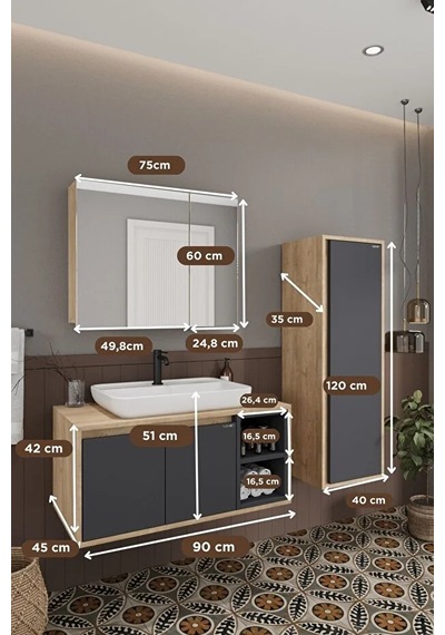 Lale 90 Cm %100 Mdf Lavabolu Banyo Dolabı + Boy Dolabı Antrasit