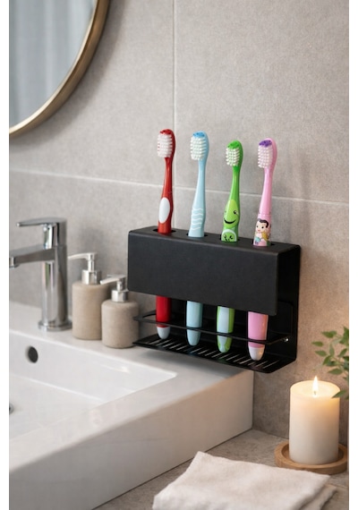 Metal Diş Fırçalık Siyah 4 Bölmeli Duvara Monte Diş Fırçası Tutucu Banyo Organizer