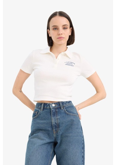 DeFacto Coool Fitted Baskılı Ribana Kısa Kollu Polo Beyaz Tişört D1095AX25SMWT32