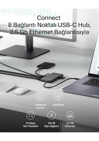 Belkin Connect 8 Portlu Usb-c Hub, 4k 60hz'100 W Pd, 10 Gbps Veri Aktarım Hızı Ve 2,5 Gbps Ethernet - Gri