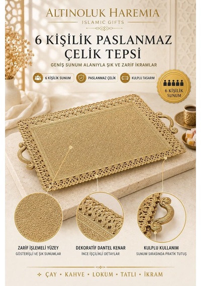 6 Kişilik Paslanmaz Çelik Tepsi Kulplu Dekoratif Sunum Tepsisi 1