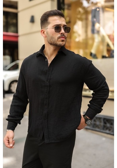 Veraura Lifestyle Erkek Rahat Kalıp Pamuklu Müslin Kumaş Gömlek Siyah