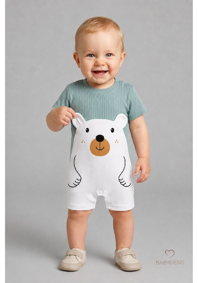 Babyden's Erkek Bebek Ayıcık Baskılı Kısa Kollu %100 Pamuk Yazlık Bebek Tulumu Yenidoğan Günlük Tulum 0-9 Ay Haki - Yeşil