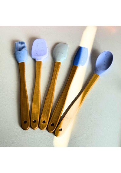 Ayrex Meturas Mutfak Bambu Silikon Isıya Dayanıklı Kaşık Kepçe Takımı 5 Li Set Spatula & Fırça Mavi