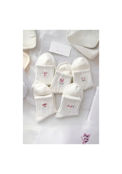 Hitit Socks Kadın 5 Çift Premium Desenli Sevimli Hayvan Ve Fiyonklu Kısa Konç Patik Çorap beyaz