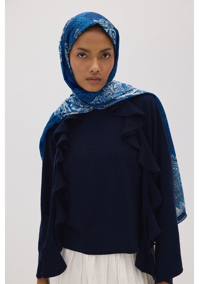 Mirsoy Scarf Elisa Pamuk Etnik Desen Şal Lacivert