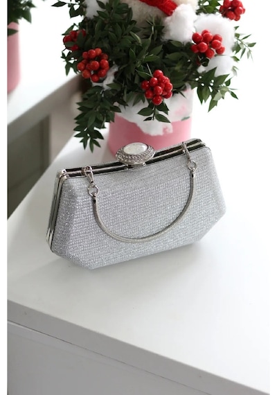 Guiza Vintage Kadın Gümüş Simli Abiye Clutch Portföy Çanta Zincir Ve Kolçaklı Gümüş Simli