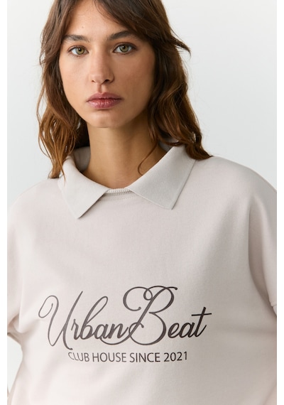 Urban Beat Alexıa Kadın Triko Gömlek Yakalı Baskı Detaylı Relaxed Taş Rengi Sweatshirt Taş Rengi