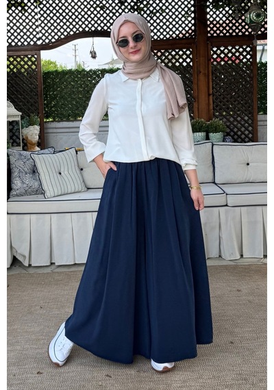 Rabia Şamlı Vera Etekli Pantolon Lacivert Normal