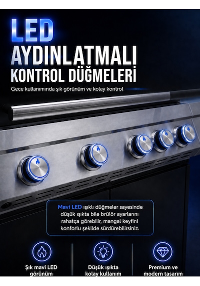 Gazlı Barbekü Mangal 4+1 Brülörlü Döküm Izgaralı 136x54x115 Cm Çelik