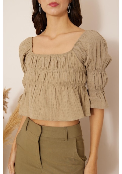 Darlin Moda Haki Büzgülü Crop Bluz Dm7001