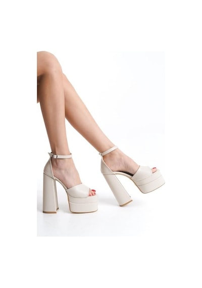 Asmi Shoes Kadın Wilma Bej Tek Bantlı 15 Cm Çift Platform Topuklu Ayakkabı Bej