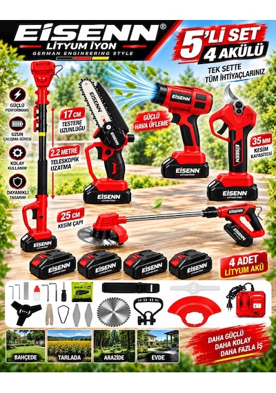 Red 500 Full 5 Li Bahçe Seti Makas 17 Cm Testere Hava Üfleme Çim Biçme Teleskop +4 Akülü
