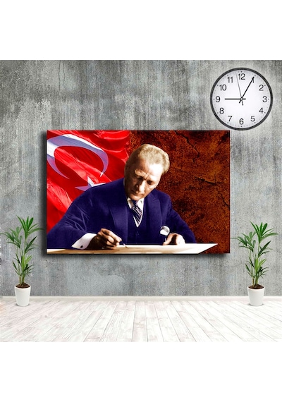 Türk Bayraklı Atatürk Tablosu Imza Atan Mustafa Kemal Kanvas Tabl