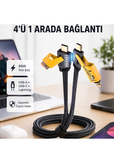 Usb-c Usb-a 4 Ü 1 Arada Örgülü Kablo 65w Hızlı Şarj Metal Uç Dayanıklı 46889121