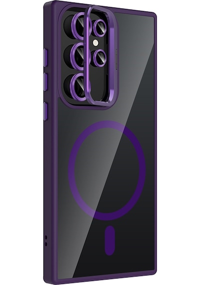 Galaxy Uyumlu S22 Ultra Kılıf Standlı + Kamera Lens Koruma Setli M-safe Şarj Özellikli Mkst Pembe Pembe