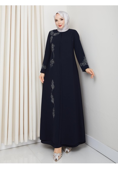 Eslemnur Büyük Beden Yaprak Taşlı Anne Elbisesi En7008 Lacivert