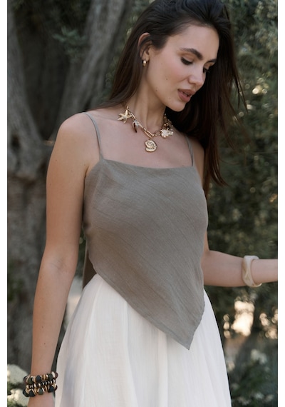 Mai Collection Mai Studios Co. Kita Üçgen Detay Çizgili Haki Keten Crop Haki