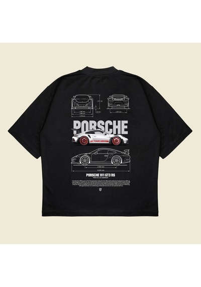 Startmore Gray Porsche 911 Baskılı Oversize Unisex Pamuklu Nefes Alan Kalın Kumaşlı Siyah