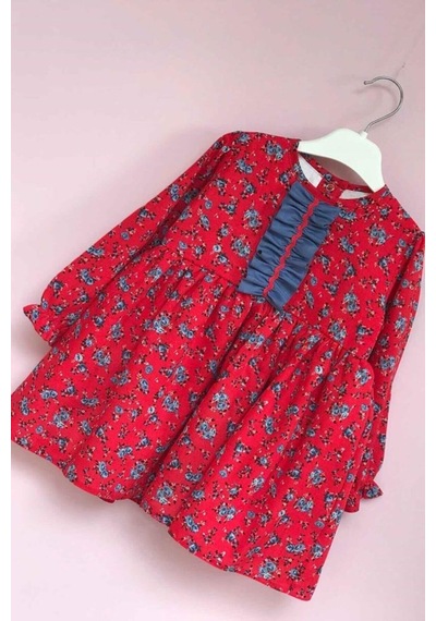 Çiçekli Ve Fırfır Detaylı Nar Çiçeği Ve Mavi Kız Çocuk Bebek Pamuklu Elbise 001