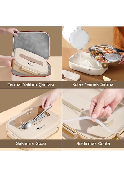 Valkyrie 1500 Ml Termal Yemek Kutusu 304 Paslanmaz Çelik Sızdırmaz Isı Yalıtımlı Çantalı I Telefon Tutuculu Krem