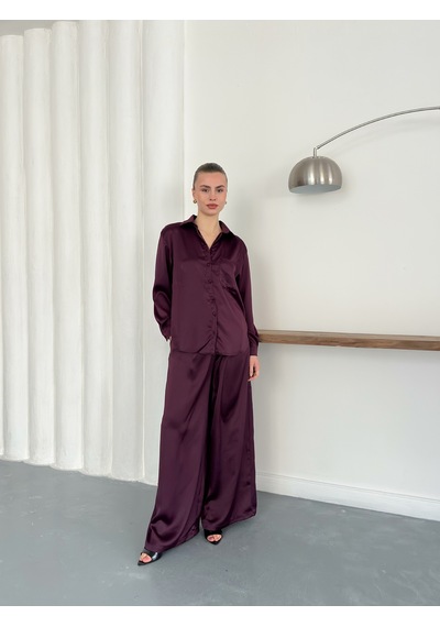 Verymoda Yüksek Bel Bol Paça Saten Pantolon Şık Ve Rahat Tasarım F2052 Mürdüm