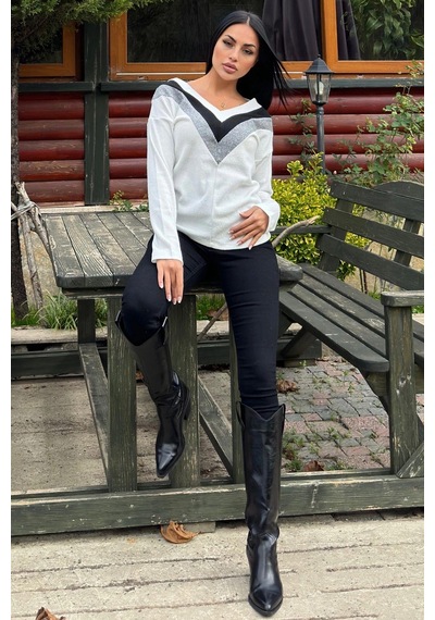 WeShaya Kadın Ekru Uzun Kollu V Yaka Color Block Pamuklu Bluz Sweatshirt Ekru